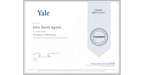 Yale University, The Science of Well-Being, course certificate, August 6th, 2019