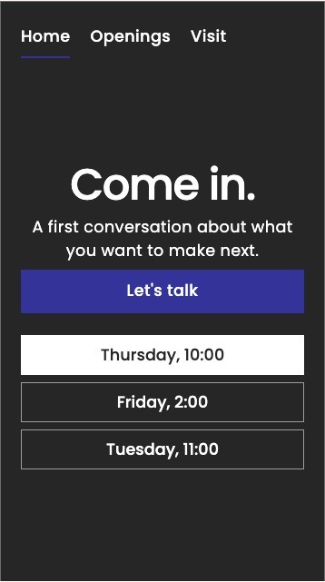 Phone home: the same screen, stacked, with Let's talk full width and the same three times.